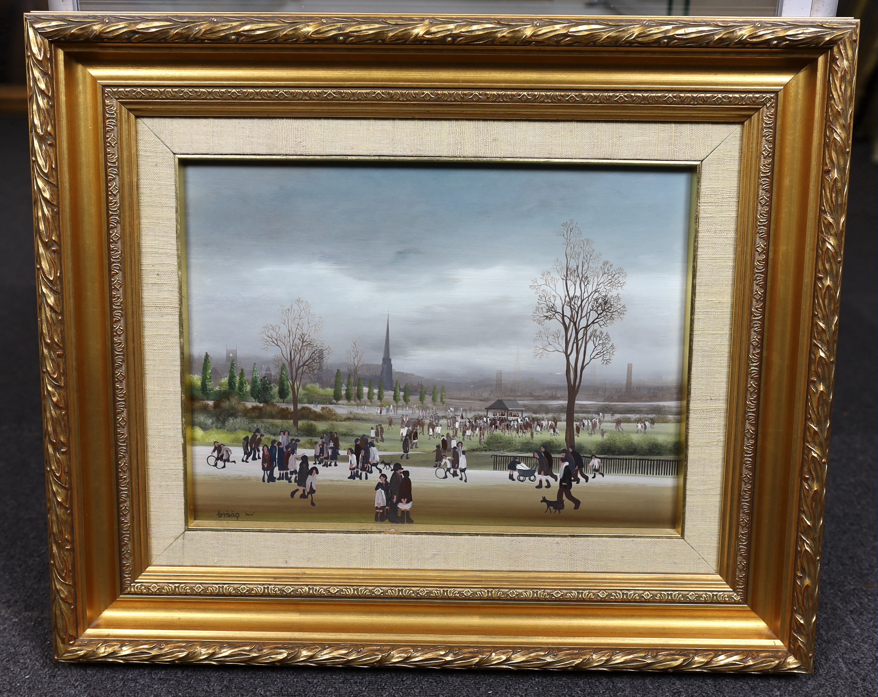 Braaq (Brian Shields, British, 1951-1997), 'The Bandstand', oil on board, 29 x 39cm